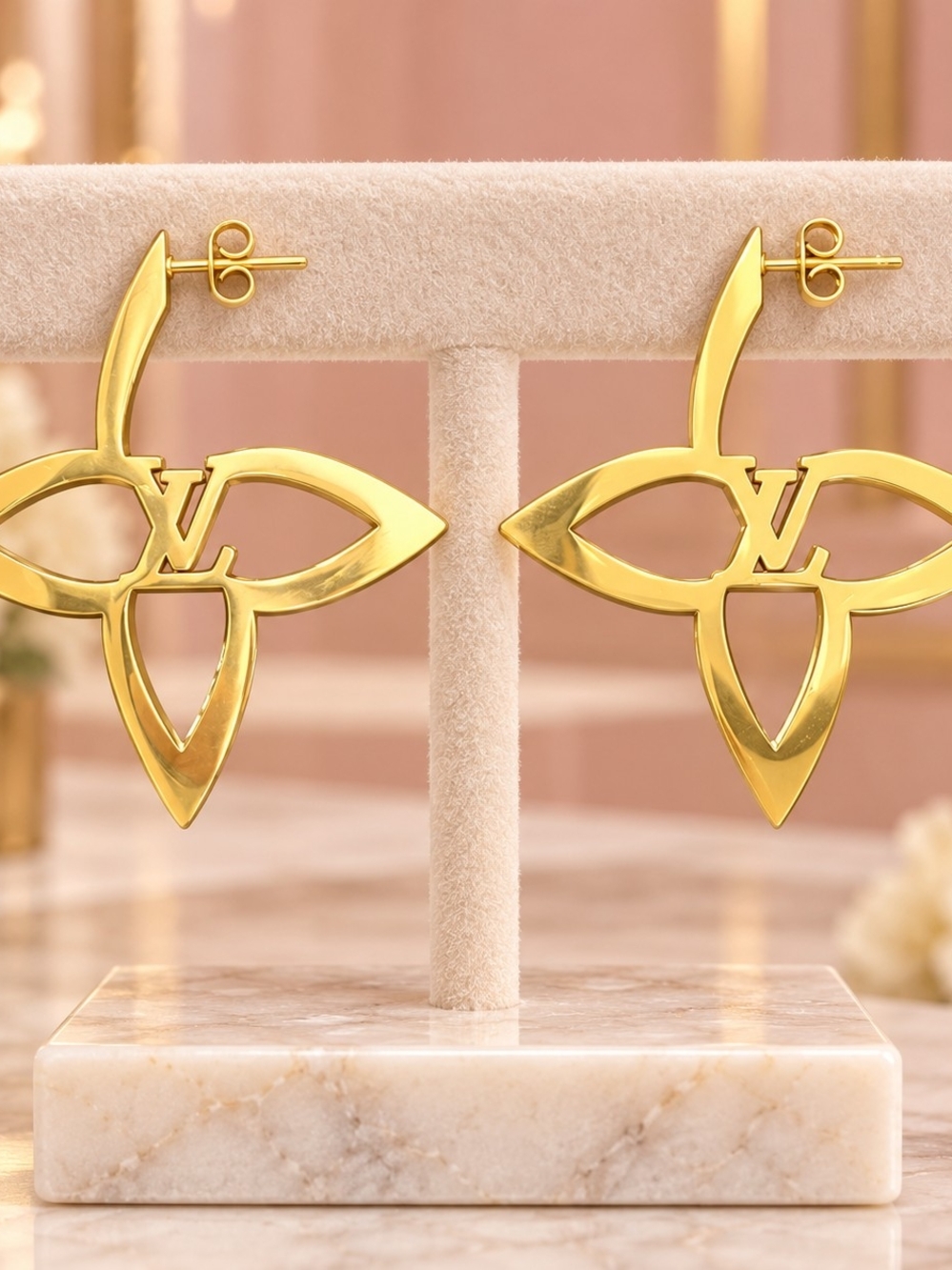 Gold Floral Monogram Drop Earrings - Designer Inspired